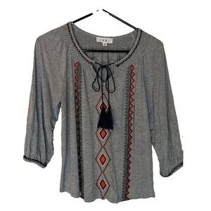 THML Anthropologie Bohochic Grey Embroidered Aztec Design Tassel Tie Top XS